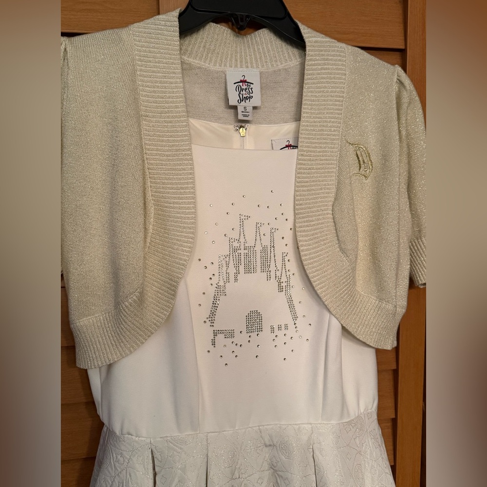 Disney Parks Dress Shop Castle Disneyland Rhinestone White Gold Dress Small RARE - Picture 2 of 9